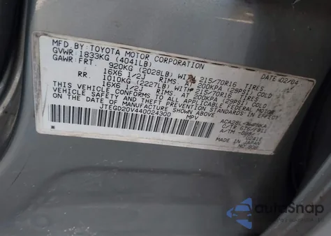 2004 Toyota Rav4 из США, поврежденный, VIN JTEGD20V440024300